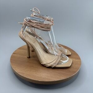 Schutz Thea Lace Up Heels 8.5B Nude Square Toe Strappy Stiletto Sandals